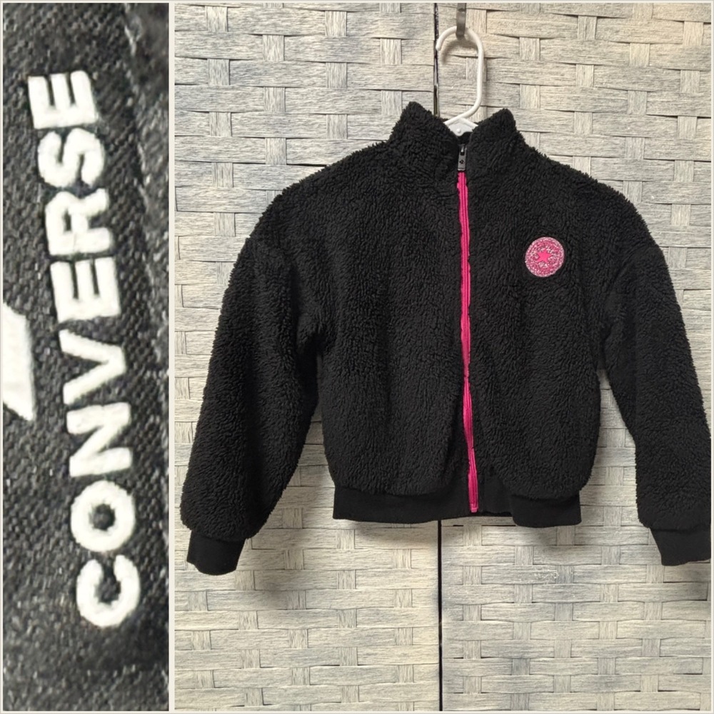 Kids Converse Black Sherpa Fleece Jacket with Pink Zipper Logo Size S 8 10 Years
